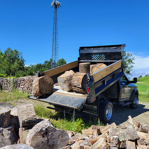 Wood donation for Castine Wood Bank coming off a pickup truck
